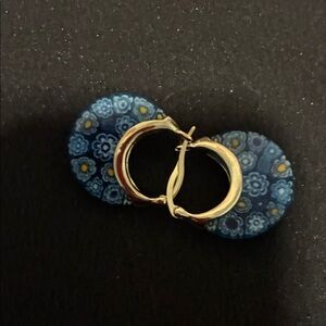 Gold Hoop Earrings with Blue Floral Millefiori Drops